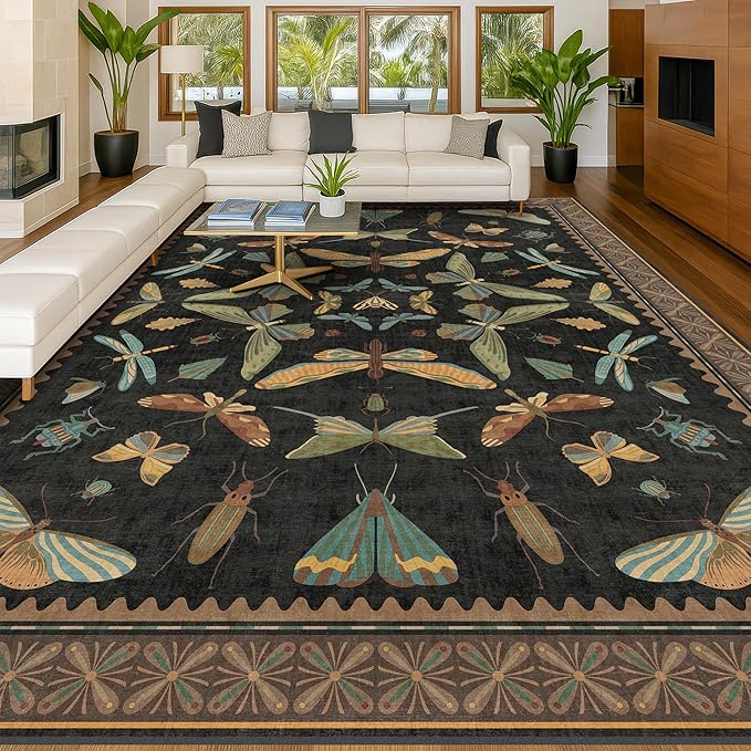 Large Black Rug for Living Room - Area Rugs 9x12 Dining Room Table, Large Bedroom Under Bed, Unique Insect Bug Home Décor, Foldable Soft Stain Resistant