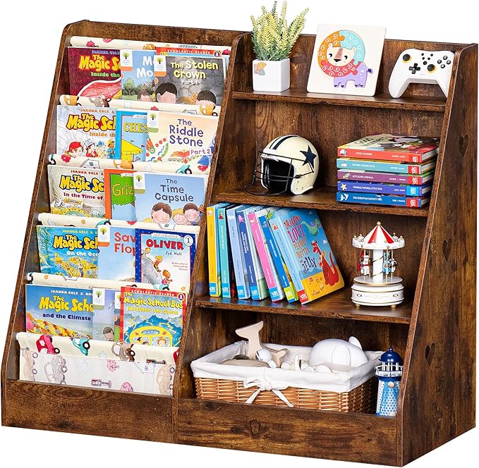 Lerliuo 4 Tier Kids Bookshelf and Storage Organizer, Five Layer Sling Children Bookcase, Baby Toddler Wooden Book Shelf, Display Cabinet for Playroom, Bedroom, Classroom, Nursery, School (Brown)
