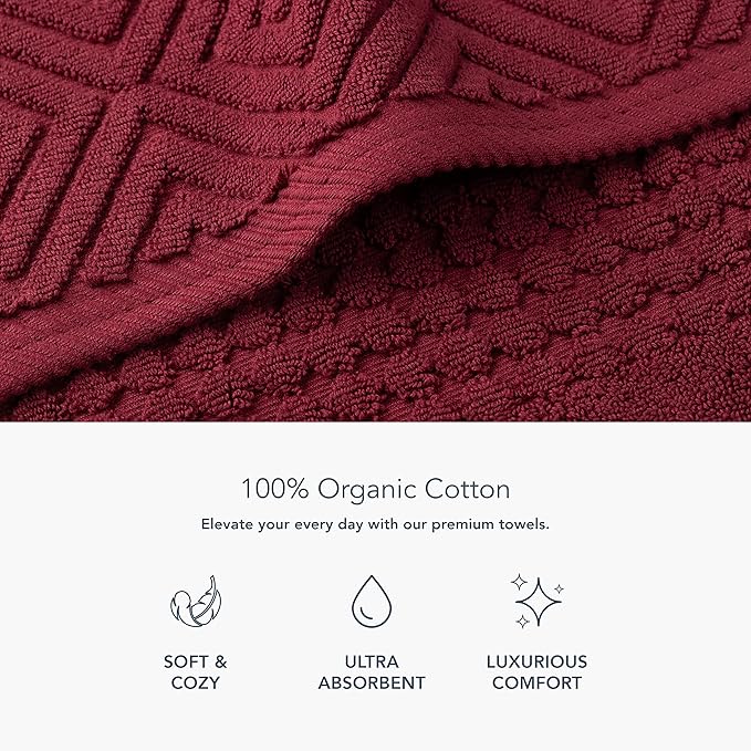 Texere 100% Organic Cotton Jacquard Towel Sets (Diamond, Merlot, 4 Bath Towels)