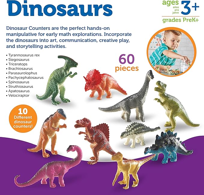 Learning Resources Dinosaur Counters - 60 Pieces, Ages 3+, Toddler Montessori Toys, Stacking Shape, Gifts For Boys And Girls, Sorting And Matching Skill Activities