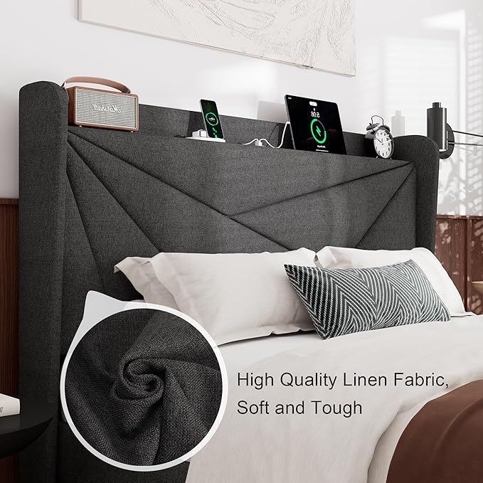 Feonase Queen Bed Frame with Charging Station, Linen Upholstered Platform Bedframe with Wingback Headboard, Solid Wood Slats Support, Noise Free, No Box Spring Needed, Charcoal Grey