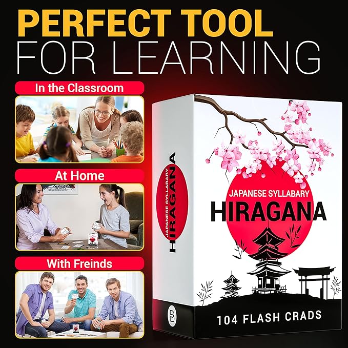 Japanese Hiragana Flash Cards for Kids & Adults – 104 Alphabet Learning Cards with Pictures & Stroke Order – Study Aid for Beginners, Teachers, Classrooms, Homeschool Language Learning Tools