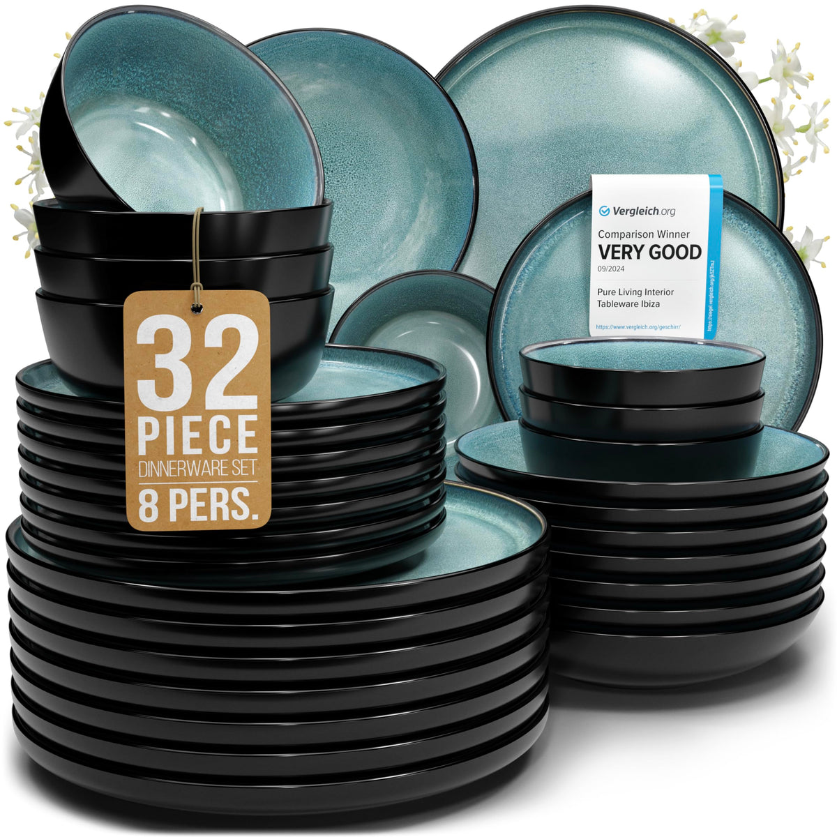 24 Piece Stoneware Dinnerware Set for 8, Handmade Plates and Bowls Set