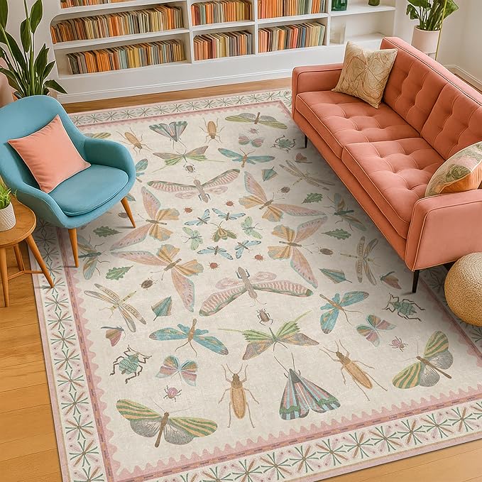 Washable 5x8 Light Pink Rug for Bedroom - Pink Boho Girl Nursery Rug, Living Room, Nature Insect Bug Print Home Decor