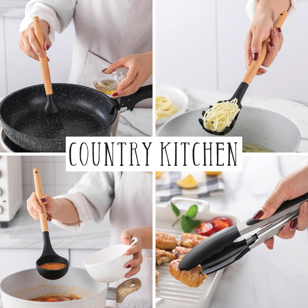 Country Kitchen Non Stick Silicone Utensil Set with Rounded Wood Handles for Cooking and Baking, 6 Piece Set, Black