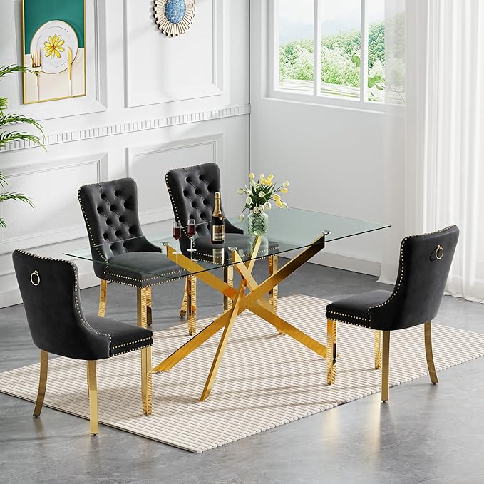 60" Rectangular Glass Dining Room Table for 6 with Tempered Glass Top and Gold Metal Legs, Modern Clear Kitchen and Dinner Table for Home Office Dining Room
