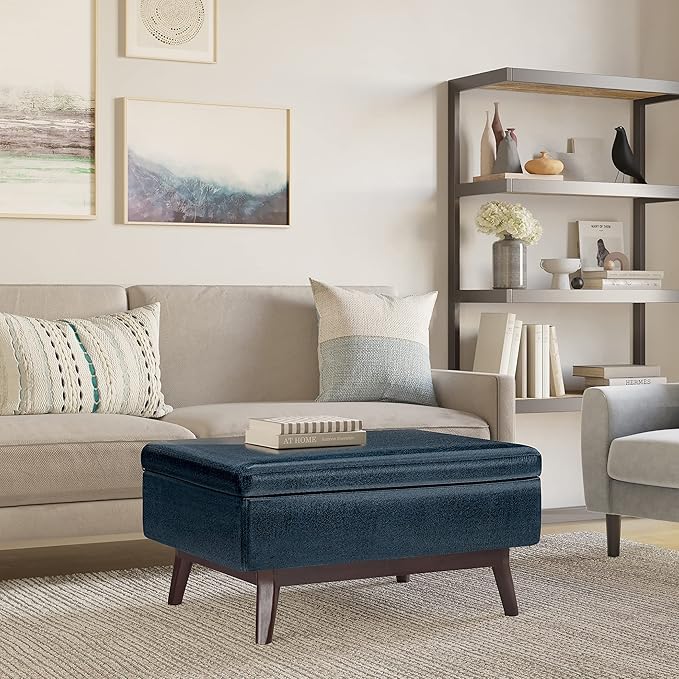 SIMPLIHOME Owen Coffee Table Storage Ottoman - 34 inch Wide Upholstered Vegan Leather Rectangular Lift-Top Ottoman in Distressed Dark Blue, Mid-Century Modern Bench for Living Room with Tapered Legs