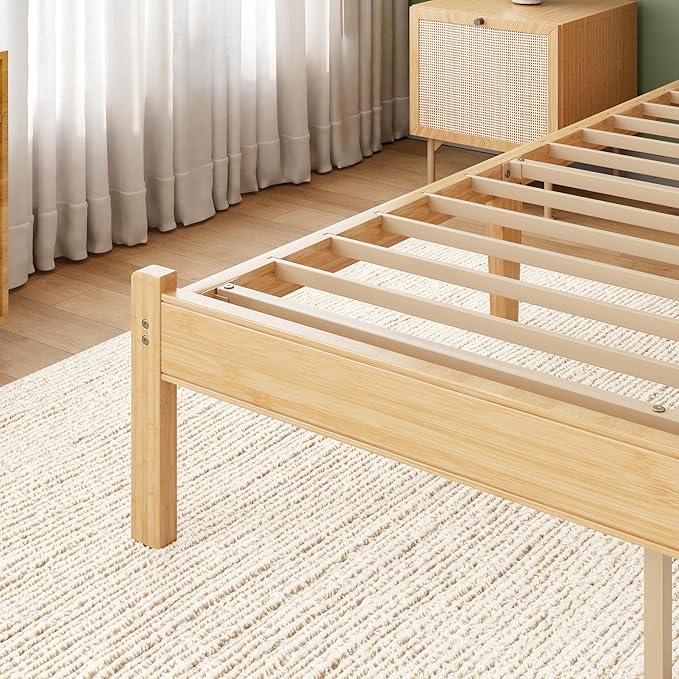 ZIYOO Solid Bamboo Wood Queen Bed Frame with Storage Headboard, 14 inch Platform Bed Frame Queen No Box Spring Needed with Steel Slats, Sturdy and Stable, Easy Assembly, Noise Free