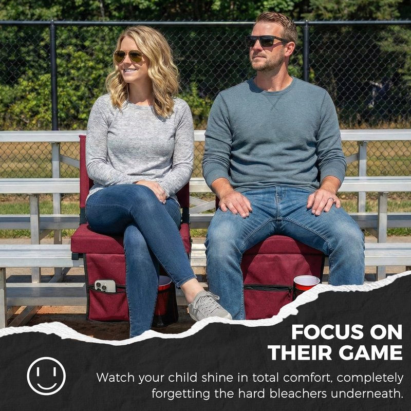 SPORT BEATS Stadium Seats with Back Support Bleacher Chairs with Back and Cushion Thick Padded Bleacher Seats Includes Shoulder Strap Maroon 2pcs Standard
