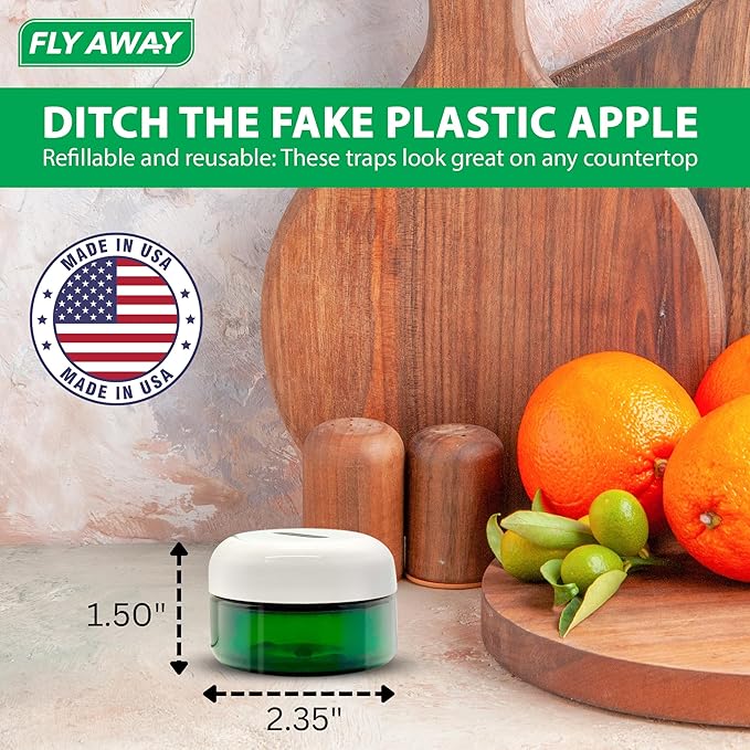 Fly Away - Fruit Fly Trap Kit: 3X Reusable Fruit Fly Traps for Indoors + 12 oz. Liquid Bait. Fast Acting. Attractive Design, Perfect for Homes, Bars and Restaurants. 270+ Day Supply. Made in USA