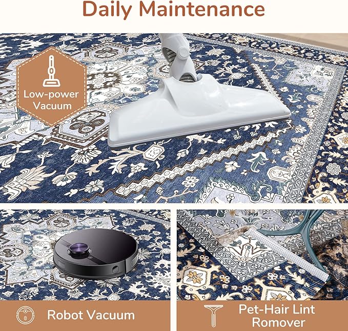 OPPODREAM Thin Area Rugs 3x5, Washable Rugs with Non Slip Backing, Low-Pile Throw 3x5 Carpet, Faux Cashmere 3 x 5 Carpet, Navy Blue & Gold