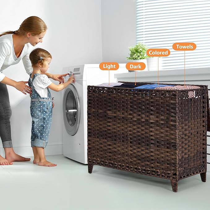 Laundry Hamper with 4 Removable Liner Bags; 176L Handwoven Rattan Laundry Basket with Lid & Heightened Feet; Clothes Hamper with Side Handles (Brown)