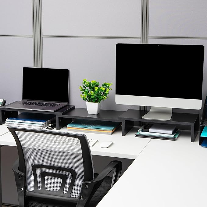 Mind Reader Dual Monitor Stand, Desktop Organizer, Laptop Riser, Office, MDF, 51.25"L x 9.25"W x 4.75"H, Black