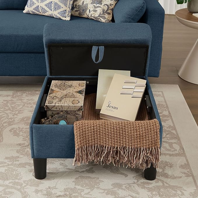 101" Convertible Sectional Sofa, Modern Linen Fabric U-Shaped Couch with 2 Storage Ottomans and Storage Pocket, 4 Seat Sofa Couches for Living Room, Apartment, Office, Blue