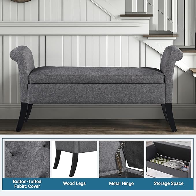Yaheetech Ottoman with Storage, 52" Storage Ottoman Bench with Safety Hinge, Upholstered Bench with Seating for Bedroom, Living Room, Holds up to 661 lb, Dark Gray