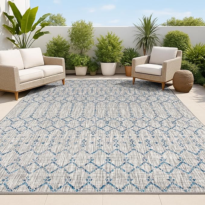 JONATHAN Y Moroccan Geometric Indoor Outdoor Area Rug 10X14 Light Gray/Navy, Ourika Textured Weave for Backyard, Patio, Porch, Easy-Cleaning, High Traffic, Pet-Friendly, Non-Shedding (SMB108A-14)