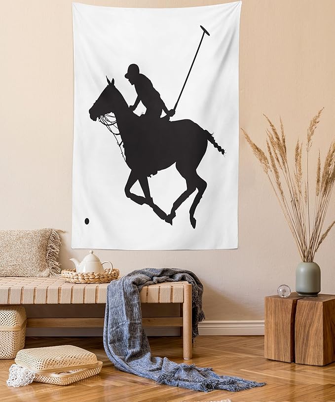 Ambesonne Sports Tapestry, Silhouette Illustration of Polo Player on a Horse Hitting a Ball Print, Fabric Wall Hanging Decor for Bedroom Living Room Dorm, 30" X 45", Charcoal Grey