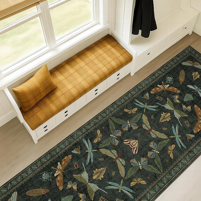 2x10 10ft Long Hallway Rug Runner - Washable Boho Rug for Entryway Idoor Non Slip, Dark Green Forest Butterfly Vintage Carpet, Low Pile & Soft Stain Resistant Indoor Décor