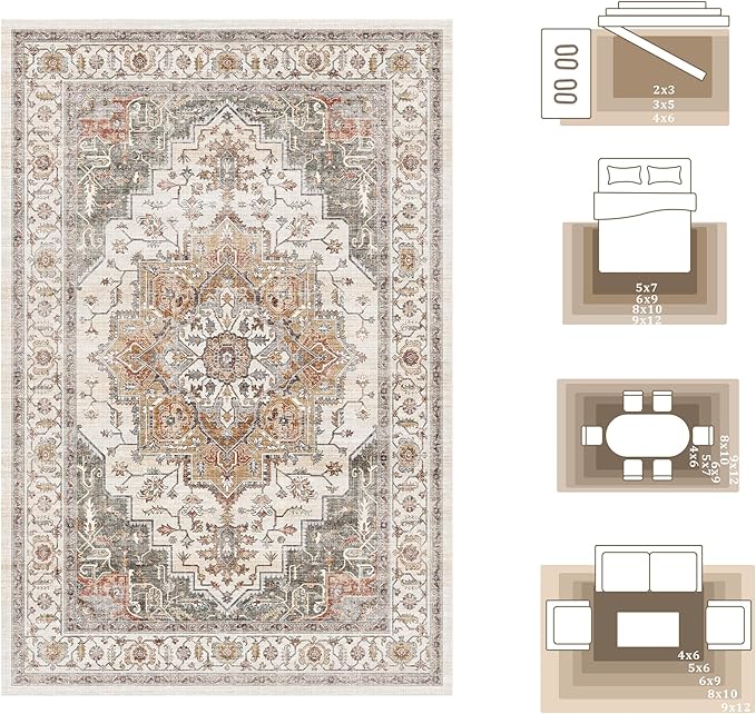 4x6 Area Rug for Bedroom Machine Washable Low Pile Vintage Distressed Rugs Stain Resistant Faux Wool Rug Ultra Soft Non-Slip Area Rugs for Living Room, Playroom, Kitchen,Home Office