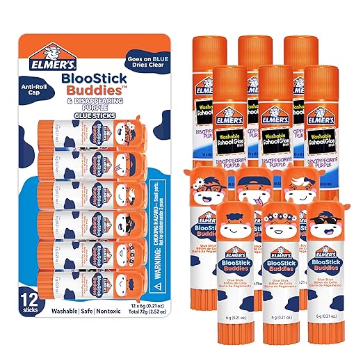 Elmer's Glue Sticks Combo Pack, BlooStick Buddies & Disappearing Purple, 6 Grams, 12 Count - Kids School Supplies, Arts & Crafts, #1 Teacher Brand