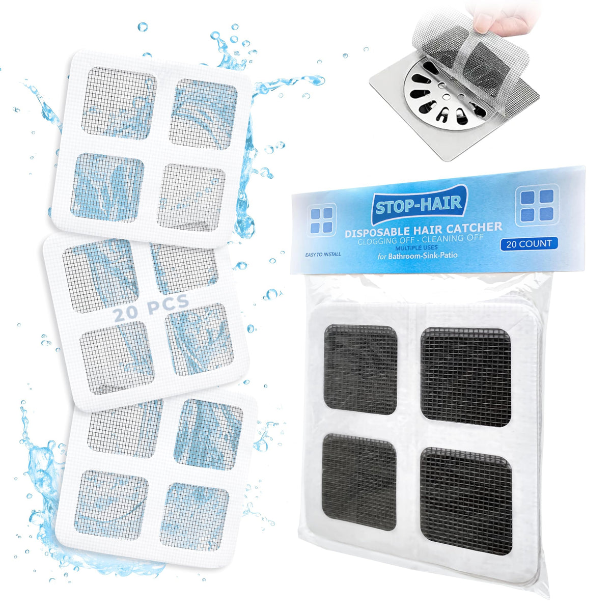 20 Pack Disposable Shower Drain Hair Catcher – 4" x 4" Mesh Drain Covers & Stickers, Filter Protector for Shower, Bathtub, Kitchen Sink & Laundry – Traps Human & Pet Hair