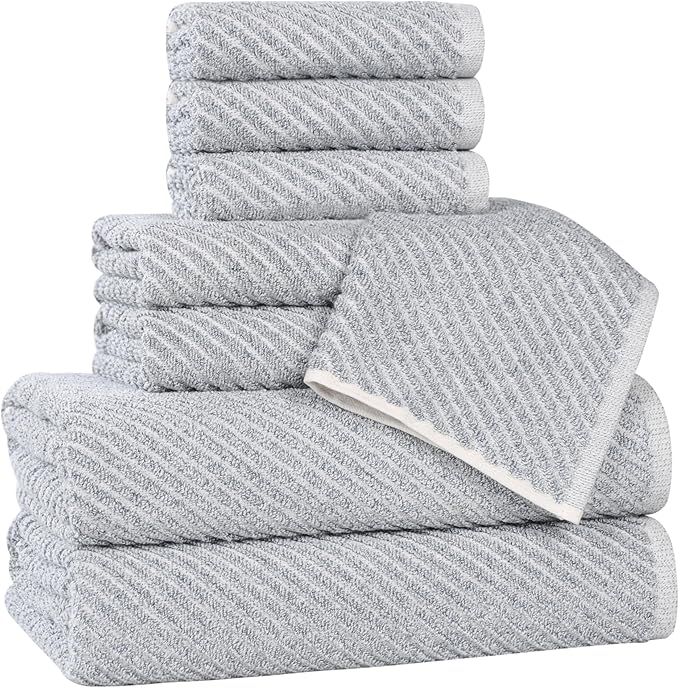 Superior Amelia Viscose Cotton Blend Medium Weight Towels, for Bathroom, Shower, Spa, Plush, Quick Dry, Ultra-Soft Towels, Bath Essentials, Ribbed Design, 8 Piece Assorted Towel Set, Denim Blue