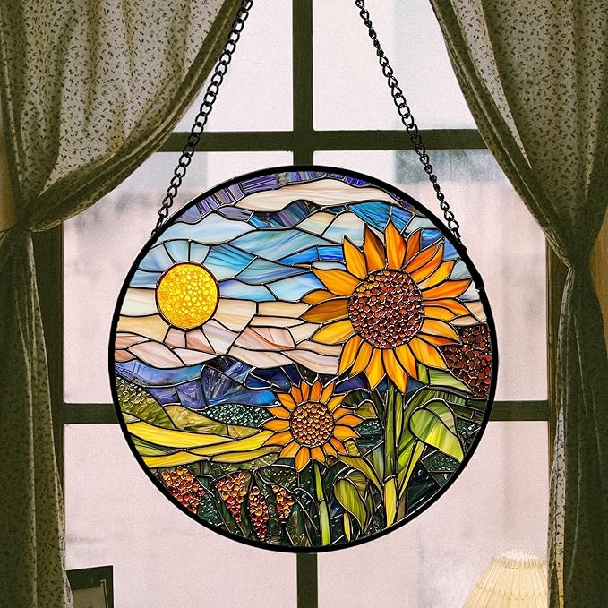 Stained Glass Suncatcher, Sunflower Flowers Landscape Sun Catcher Plant Mountains Stain Glass Window Hanging Decoration Mother's Day Birthday Gifts for Women Men Mom Nana 11.8 in