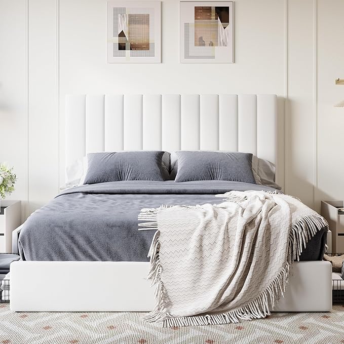 SHA CERLIN Full Size Platform Bed Frame with 4 Storage Drawers, Vertical Channel Tufted Adjustable Headboard, Velvet Upholstered, Wooden Slats Support, No Box Spring Needed, Easy Assembly, White