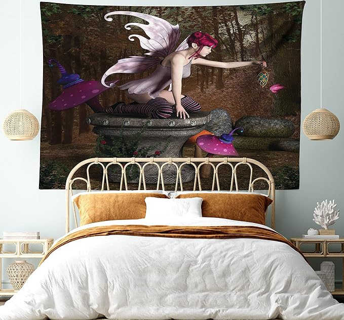 Ambesonne Tale Tapestry King Size, Dimensional Mythical Creature Design Artifact on Pedestal Forest Print, Wall Hanging Bedspread Bed Cover Wall Decor, 104" X 88", Red Purple Grey