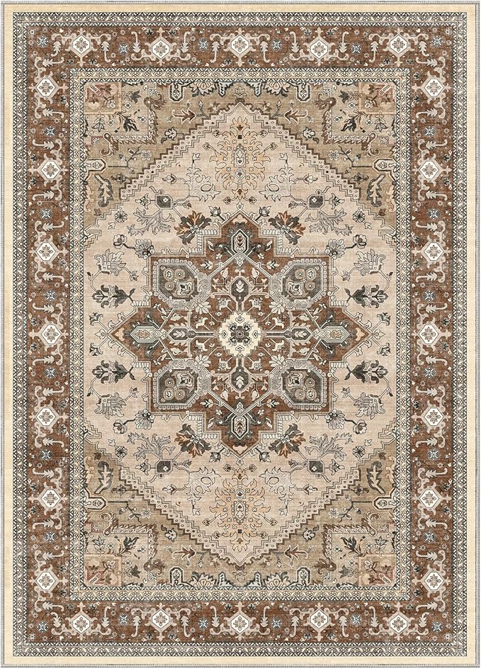 OPPODREAM Thin 8x10 Area Rugs, Washable Rugs 8x10 with Non Slip Backing, Faux Cashmere Low-Pile 8 x 10 Carpet, Brown