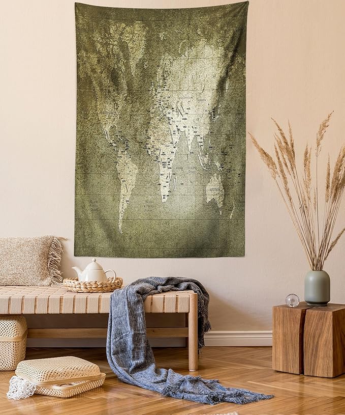 Ambesonne Antique Tapestry Twin Size, Old World Map Texture Nostalgic Plan Atlas Trace of Life, Wall Hanging Bedspread Bed Cover Wall Decor, 68" X 88", Khaki Beige