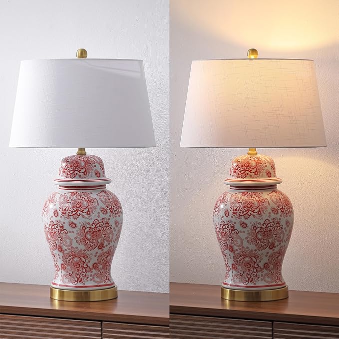 JONATHAN Y 29.5" Red/White Ceramic Table Lamp for Living Room and Office, White Linen Drum Shade, Traditional Chinoiserie Ginger Jar Lamp, LED Bulb Included (JYL3008C)