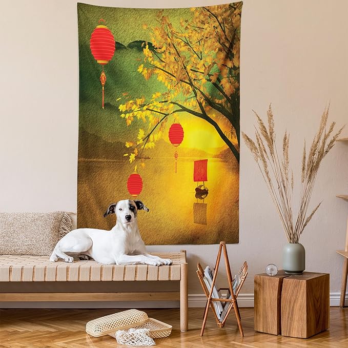 Ambesonne Oriental Tapestry, Traditional Chinese Folk Hanging from Pale Fall Trees Lake Faded Nature Photo, Fabric Wall Hanging Decor for Bedroom Living Room Dorm, 30" X 45", Yellow Green