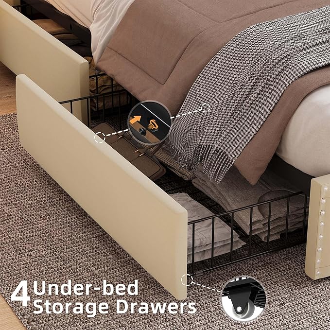 BRELTAM King Size Bed Frame with LED and Charging Station Upholstered Velvet Bed Frame with 4 Storage Drawers, Platform Bed Frame and Headboard Heavy Duty Wood Slats, Noise Free, Easy Assembly, Beige