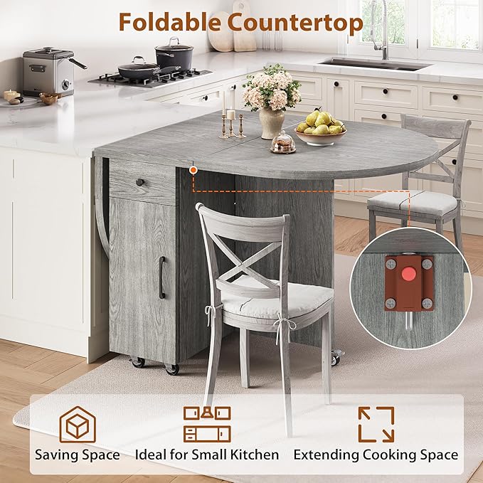 Folding Dining Table for 4 Kitchen Dining Room DinnerTable with Storage Drawer Space Saving Oval Foldable Drop Leaf Gateleg Furniture for Small Space (Grey, 47 * 23.6 * 30)