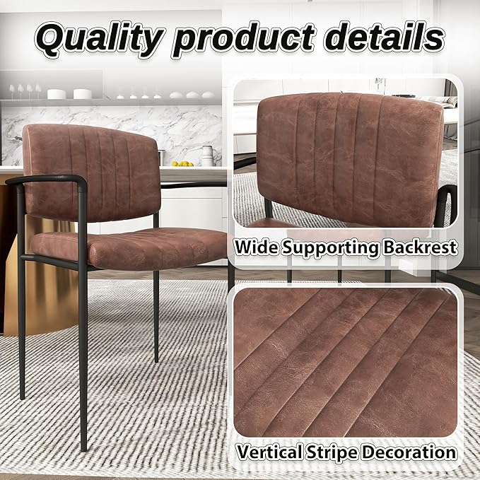 Mid-Century Modern PU Leather Dining Chairs Set of 2, Upholstered Kitchen Chairs with Arms and Metal Legs Adjustable Feet for Kitchen Dining Room(Brown)