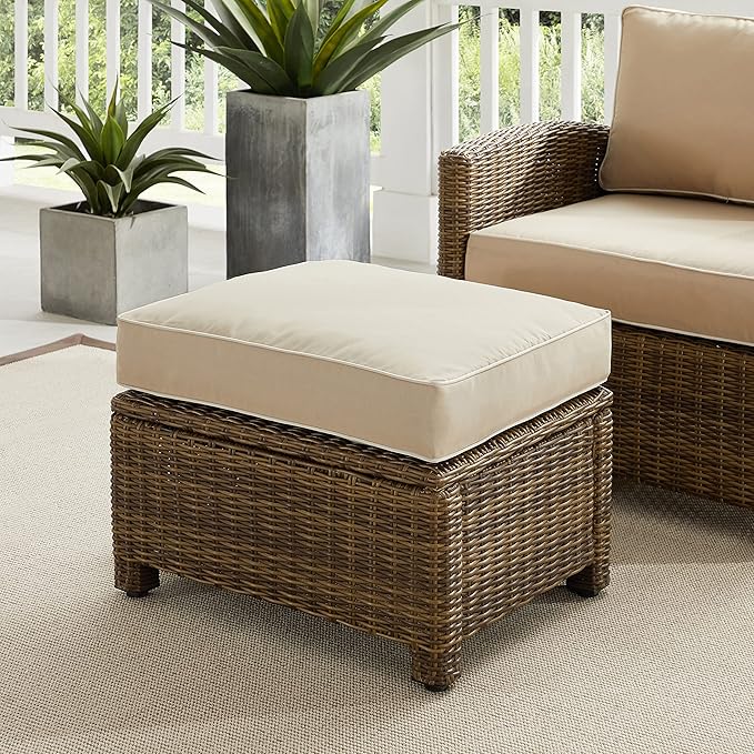 Crosley Furniture Bradenton Wicker Outdoor Ottoman Foot Rest for Patio, Deck, Porch, Brown with Sand Cushions