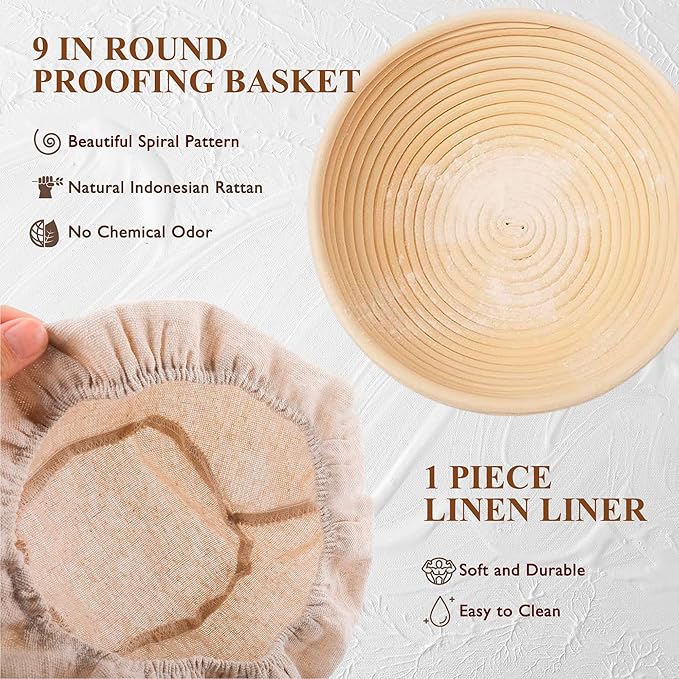 Complete Sourdough Starter Kit, Sourdough Bread Baking Supplies, Banneton Bread Proofing Basket with Sourdough Starter Jar, 9inch Round Bread Proofing Basket, for Bread Baking