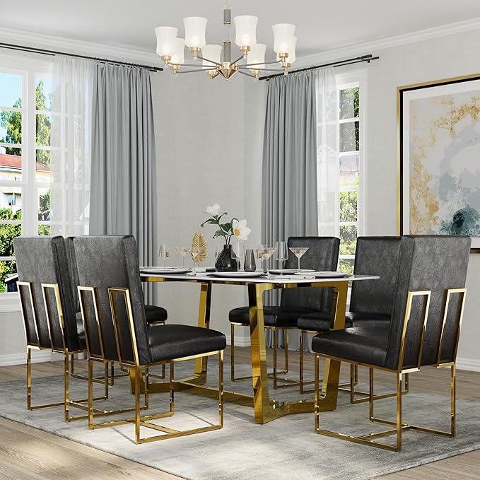 AUZ Dining Chairs, Black Faux Leather Upholstered Dining Room Chairs with Polished Gold Stainless Steel Sled Legs, Set of 10