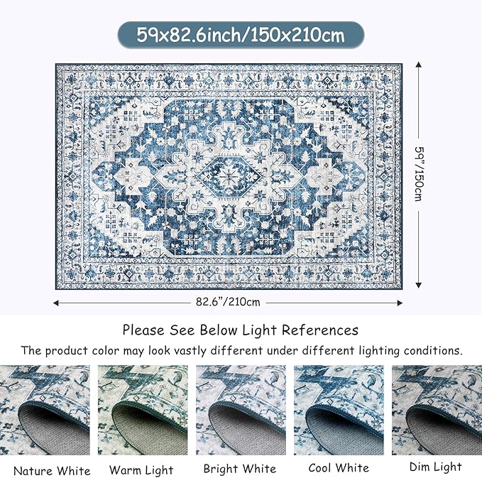 Moynesa Ultra-Thin Washable Area Rug - 5x7 Blue Rugs for Living Room Washable Rugs for Bedroom Soft Dining Room Mat, Vintage Printed Low Pile Indoor Carpet for Office Sunroom Playroom