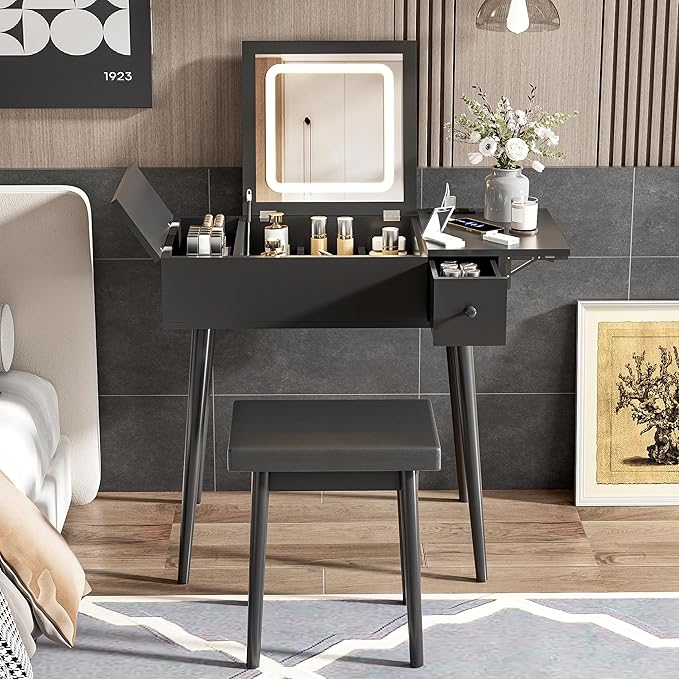 Black Makeup Vanity Desk with Flip Top Mirror and LED Light, Dressing Table Set with Cushioned Stool, Charging Station, 2 Drawers and Fold-up Panel for Bedroom ﻿