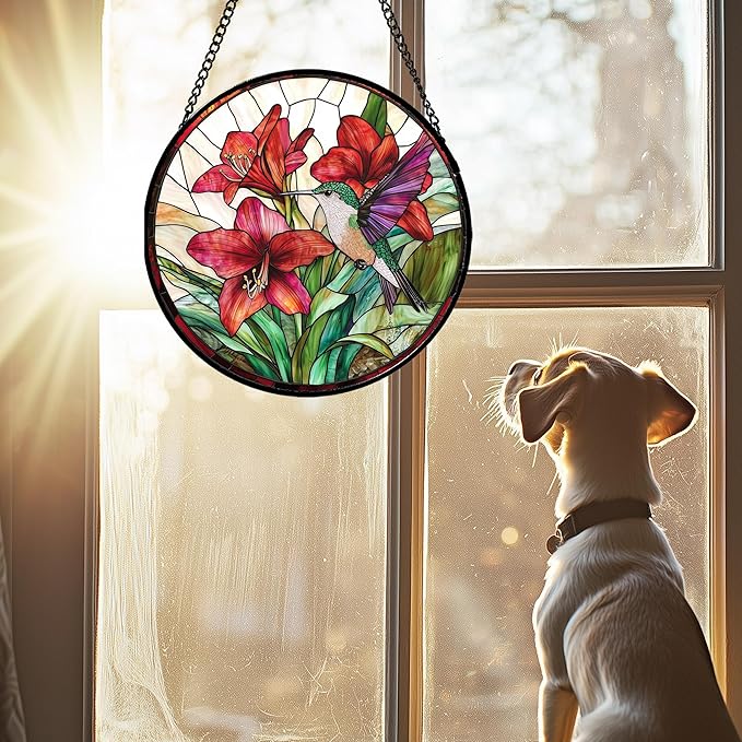 Stained Glass Window Hanging - Hummingbird On Red Lily Flower Sun Catcher for Door Garden Decor Suncatcher Christmas Mother's Day Birthday Gifts for Bird Lovers Women Men Mom Nana 9.8 in