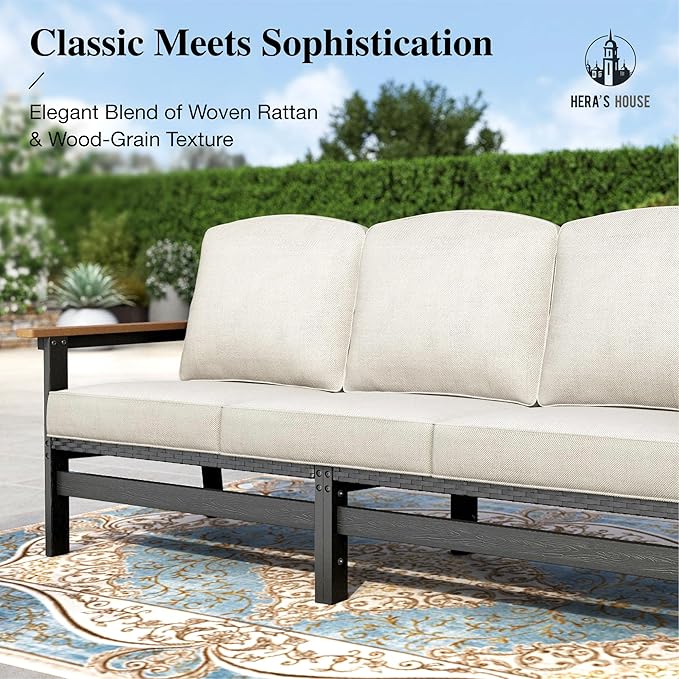 HERA'S HOUSE HDPE Patio Furniture Set, 4-Piece Outdoor Wicker Conversation Couch Set with 57" Fire Pit Table and Thick Cushion, All-Weather Patio Sofa Set for Backyard Garden Deck