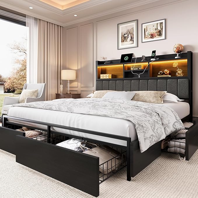 LARMACE King Bed Frame with 6 Storage Drawers, Bed Frame King Size with Linen Upholstered Headboard, Built in Charging Station and LED, No Noise, Metal Support, No Box Spring Needed,Vintage Black