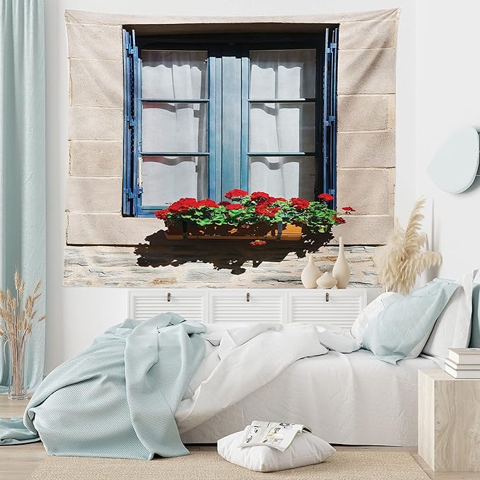 Ambesonne Country Tapestry Queen Size, Mediterranean Style Window Open Shutters Image French Urban Life Theme Print, Wall Hanging Bedspread Bed Cover Wall Decor, Queen Size, Blue Grey