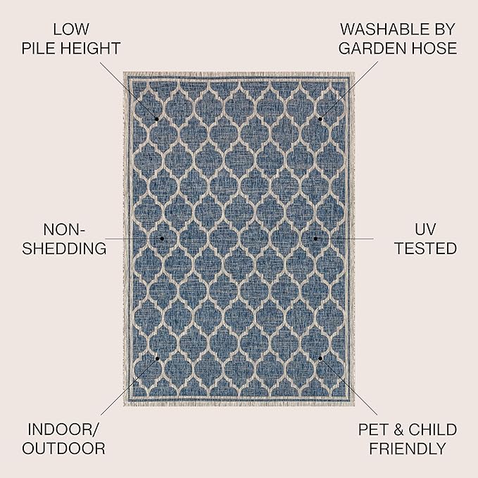 Eyely BMS109D-6SQ Santa Monica Trebol Moroccan Trellis Textured Weave, Pet Friendly, Non-Shedding, Stain Resistant, Easy-Cleaning, Navy/Gray, 6' Square, Indoor/Outdoor, Area Rug