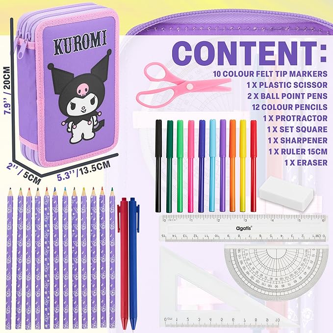 Hello Kitty Sanrio Pencil Case Kids Colored Pencils Markers Kawaii Kuromi Stationery Gifts for Kids (Multi Kuromi)