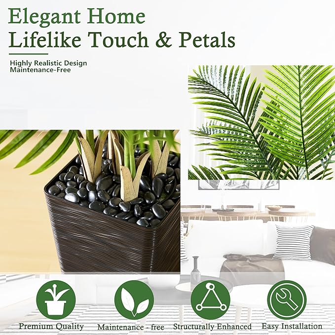 Artificial Palm Tree：5FT Tropical Fake Silk Plant UV Resistant Faux Areca Palm with White Planter & Black Pebbles for Home Office Living Room Decor Indoor Patio Porch Balcony (5FT,1-Pack,Black)