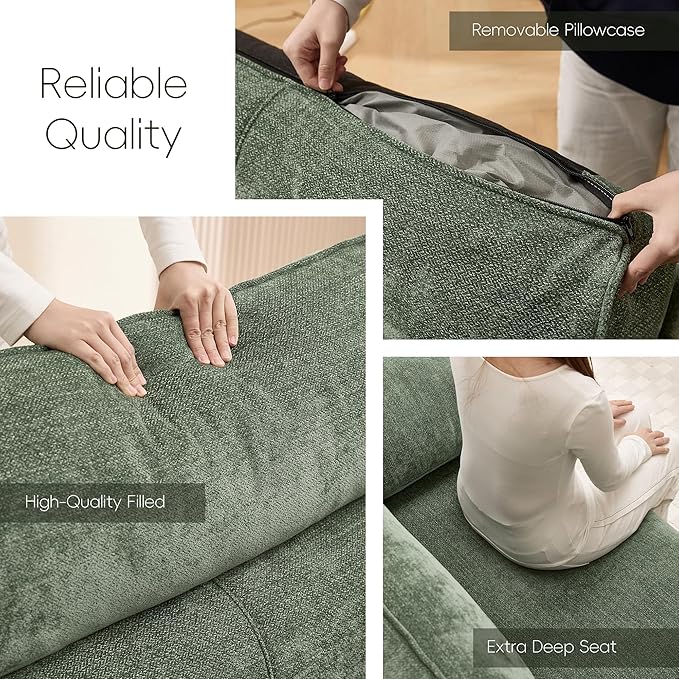 Ihanherry 92" Modern Sofa for Living Room, Deep Seat Chenille Couch with Fast Charging Port & Removable Washable Cushions, Pillow-Armrest Loveseat for Small Space/Apartment, Sturdy Frame, Green