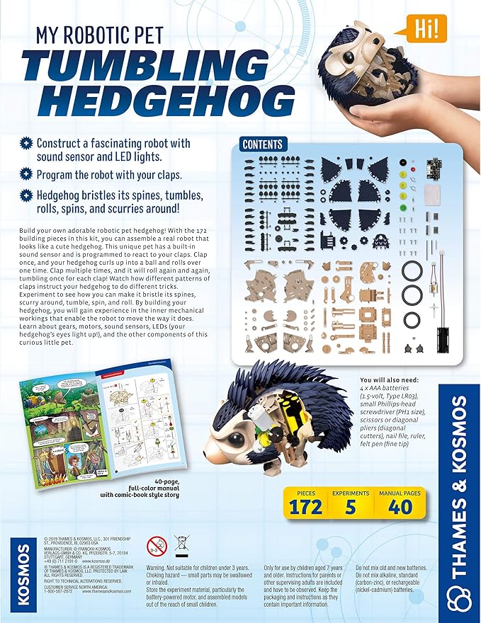 Thames & Kosmos My Robotic Pet - Tumbling Hedgehog | Build Your Own Sound Activated Tumbling, Rolling, Scurrying Pet | STEM Experiment Kit | Toy of The Year Award Finalist